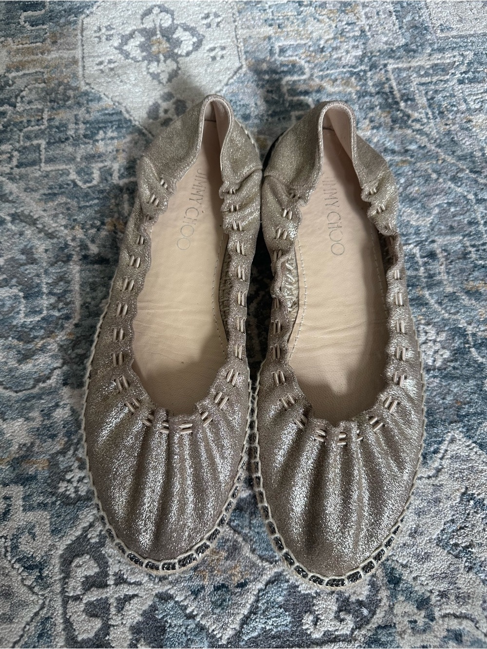 Jimmy Choo Silver Glitter Ruched Ballet Flats